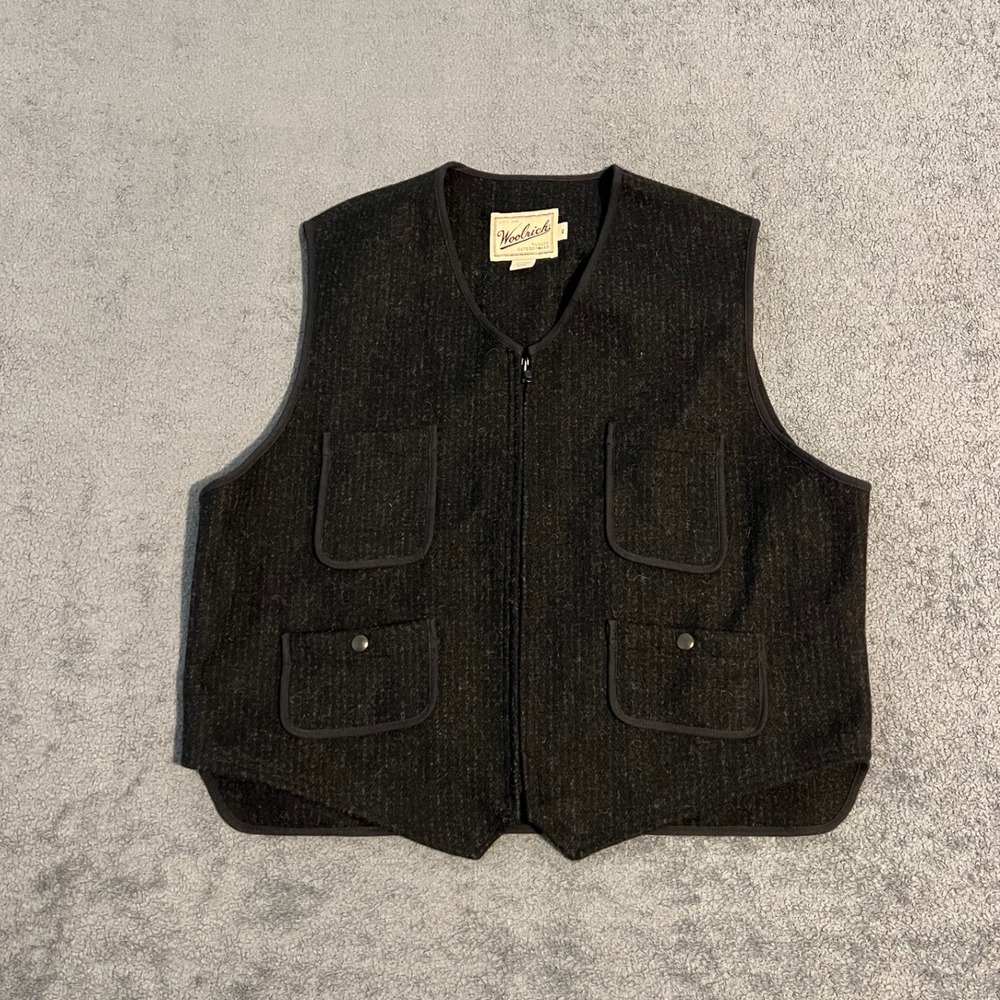 Vintage Woolrich Mens XL Wool Blend Full Zip Utility Vest Black Rugged Outdoor